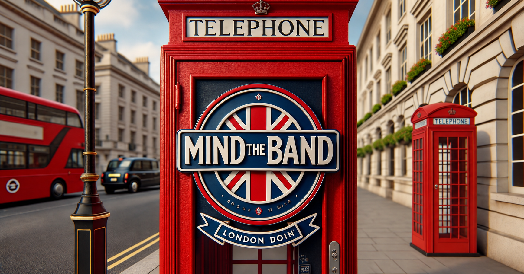 Rua de Londres com cabine telefônica vermelha e o emblema da Mind The Band